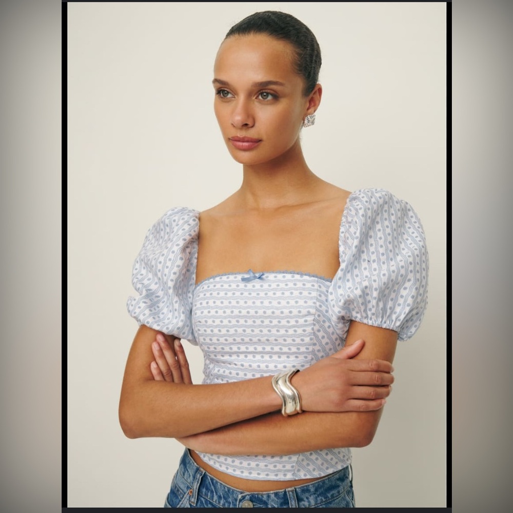 Reformation:White and Blue Puff Sleeve Top